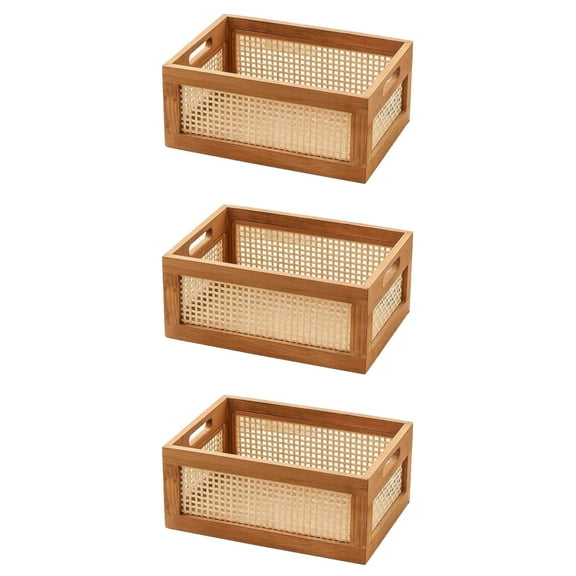 HOMEMAXS 3pcs Storage Basket Handmade  Bamboo Woven Storage Bin Desktop Wooden Storage Box