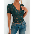 thumbnail image 4 of Blusa de para Mujer, de Corta, Cuello Redondo, Ajustada, con Encaje Floral Liso, Blusas Transparentes con Cuello en V Verde Tinta S, 4 of 7
