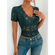 thumbnail image 4 of Blusa de para Mujer, de Corta, Cuello Redondo, Ajustada, con Encaje Floral Liso, Blusas Transparentes con Cuello en V Verde Tinta L, 4 of 7