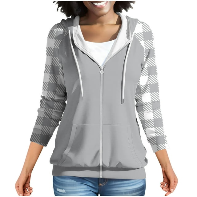 Chbgutlmr Sweatshirt for Women Raglan Long Sleeve Casual Plaid Jackets Drawstring Zip up Hoodies Pockets