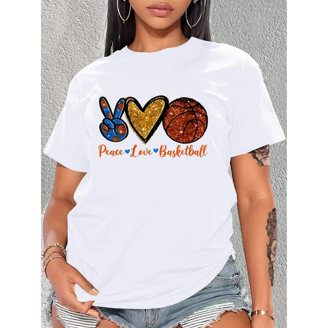 T-Shirt Décontracté pour Femmes avec Imprimé Cœur et Basketball, Col Rond, Manches Courtes - Polyester Respirant, Lavable en Machine, Coloré, Col Rond, Style Décontracté, Printemps/été/automne