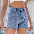 thumbnail image 4 of Women'S Washed Denim Shorts with Beaded Design Slim Fit Casual High Waist Shorts for Women Blue M, 4 of 9