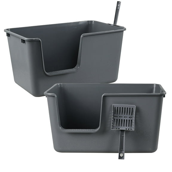 Gloreen 2-Pack Plastic High Sides Cat Litter Box, Open Top Cat Litter Box with Scoop, Grey