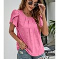 thumbnail image 6 of Women Round Neck Top Pleated Neckline Short Petal Sleeves Jacquard Fabric Casual Summer T Shirt Rose Red L, 6 of 8