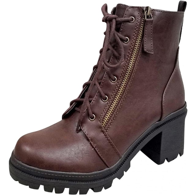 CEHVOM Ankle Boots Women Zipper Solid High Heel Slip Round Toe Fall Winter Chunky Booties