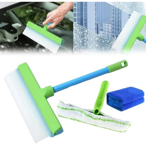 AquaBlad Window Cleaning Kit, AquaBlad Squeegee, Silicone Window Squeegee Kit, 3 in 1 Window Cleaning Scraper for Shower Glass Mirror Door Car (Green White, 1 Pc)