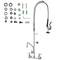 36" Commercial Kitchen Faucet with Pre-Rinse Spray, 8" Centerset, 12" Swing Spout, Brass Wall Mount for 1/2/3 Compartment Sink – Pull Down Sprayer