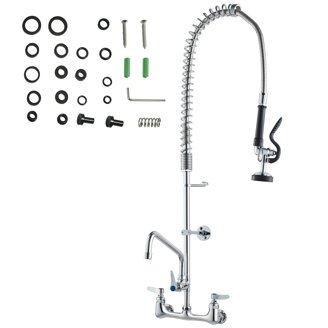 DUYWITER Commercial Kitchen Faucet Wall Mount With Pre-Rinse Sprayer – 8” Center, 12” Swing Spout, For 3-Compartment Sink