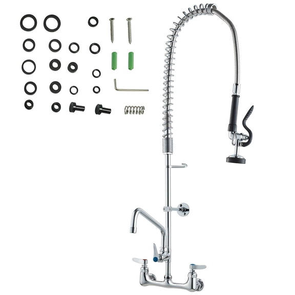 36" Commercial Kitchen Faucet with Pre-Rinse Spray, 8" Centerset, 12" Swing Spout, Brass Wall Mount for 1/2/3 Compartment Sink – Pull Down Sprayer
