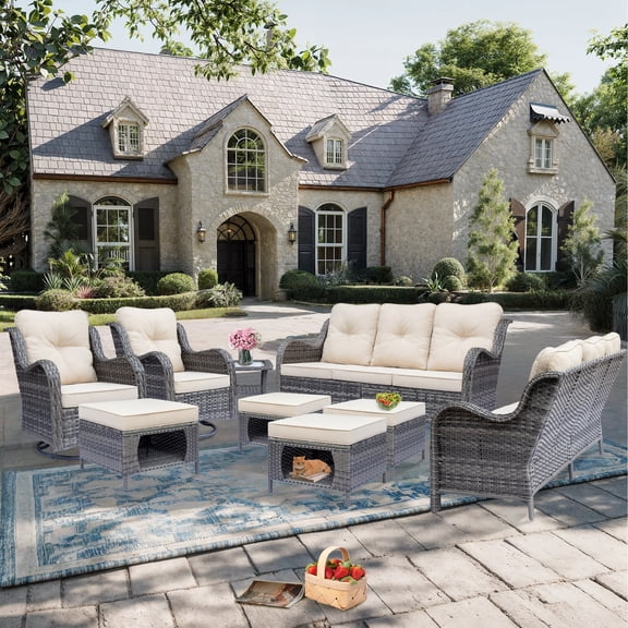 9 Piece Outdoor Patio Furniture Set Grey Wicker Patio Furniture-2 Wicker Swivel Rocker Patio Chairs with 2 Wicker Outdoor Couch and 4 Outdoor Ottoman & 1 Side Table, All Weather Patio Furniture Set