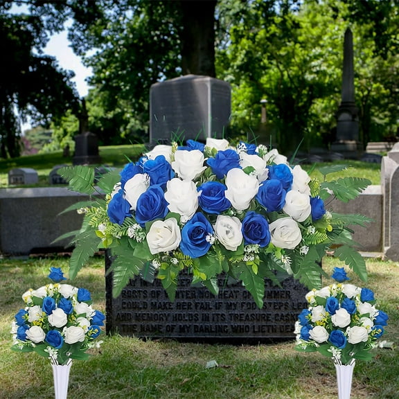 3PCS/Set Artificial Cemetery Flower Saddles, Memorial Grave Flowers with Rose Bouquet for Tombstone Headstone Decorations, for Outdoor Cemetery Vase, Long-Lasting Grave Decorations and Remembrance