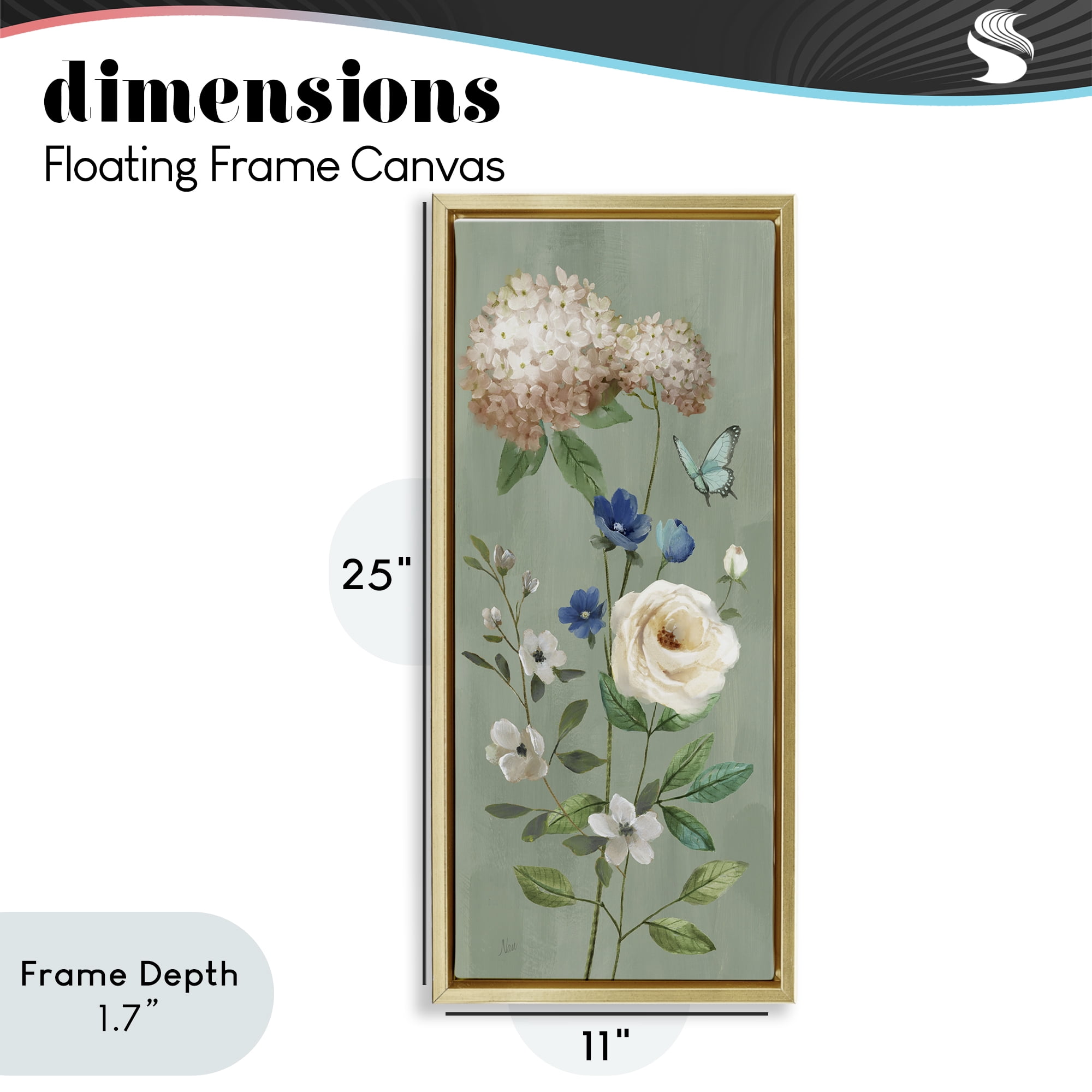 Stupell Industries Hydrangea & Rose with Butterfly Gold Framed Floater Canvas Wall Art, design by Nan