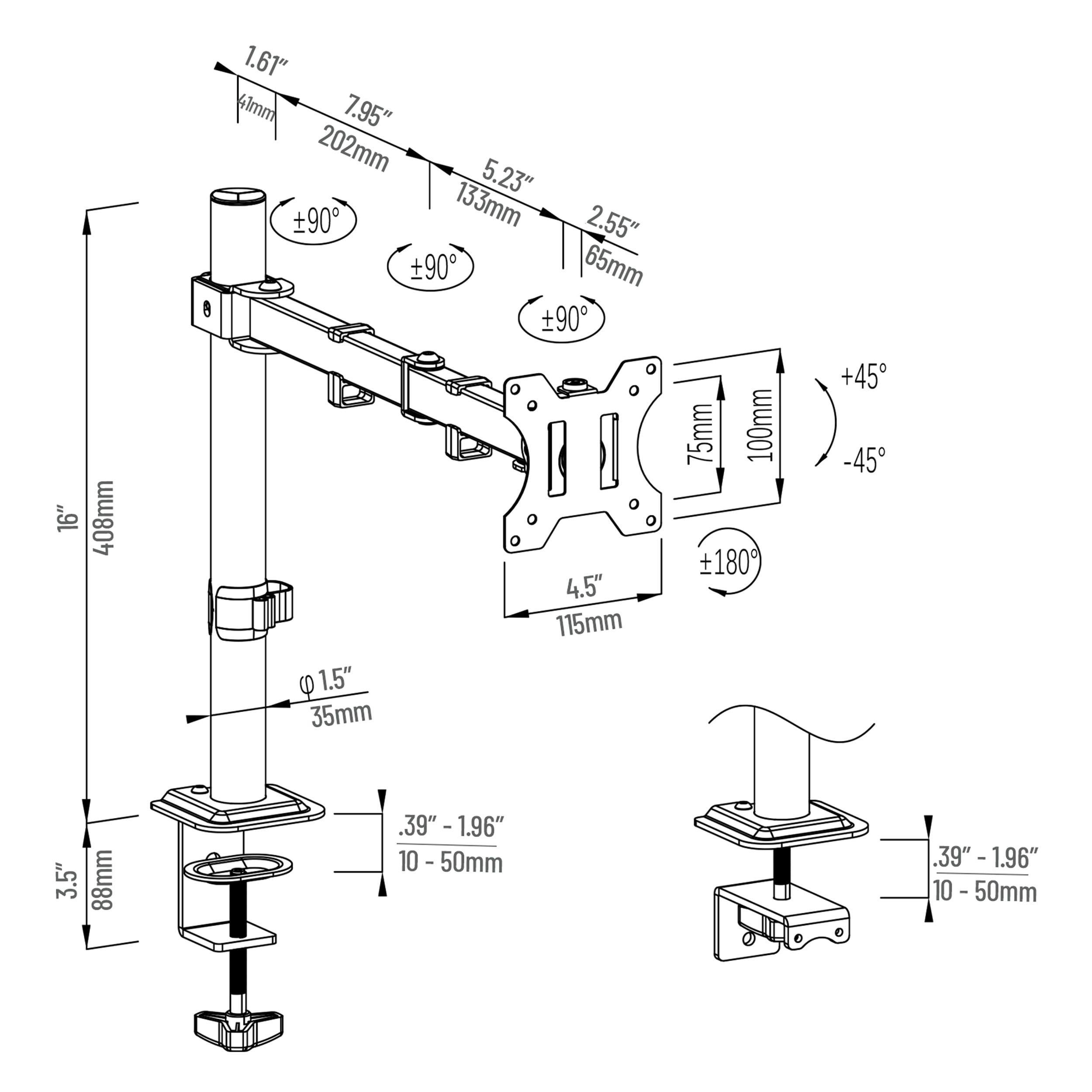 Mind Reader Single Monitor Desk Mount Adjustable Tilt ±45°, Swivel ±90°, Rotate 180°, VESA 75x75/100x100, Holds up to 17.6 lbs, Black