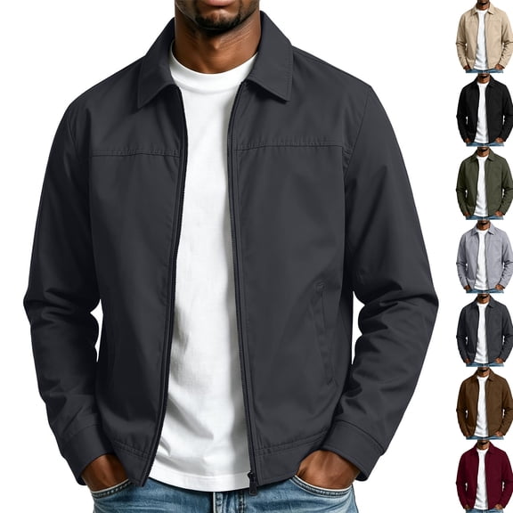 Chiccall Zip Up Jackets for Men Lightweight Casual Lapel Work Business Jackets Long Sleeve Windbreaker Coats with Zipper Pockets