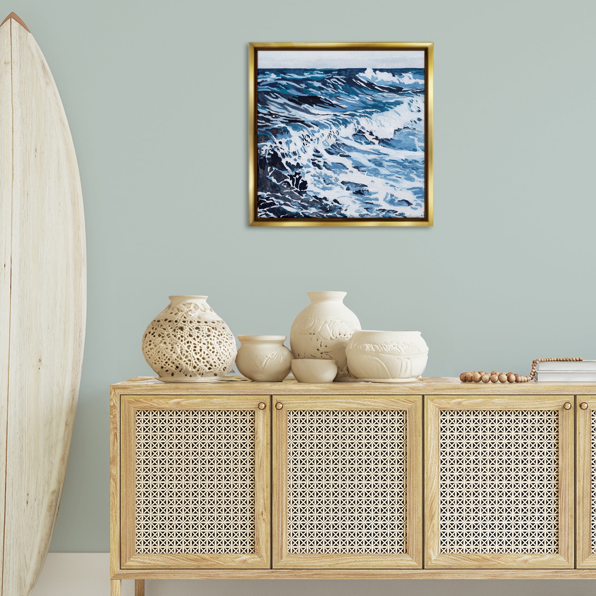 Stupell Industries Blue Rolling Waves Landscape Painting Gold Floater Framed Canvas Art Print Wall Art, 25 x 25