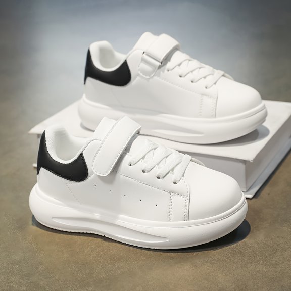 Kids' White Platform Sneakers, Adjustable Strap Casual Shoes with Black Accent for Boys and Girls, School, and Everyday Wear