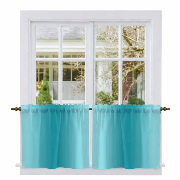 Teal Ombre Tier Curtains, Modern Abstract Art Farmhouse Gradient Light Filtering Kitchen Curtains, 2Pcs Rod Pocket Half Window Treatments Panels for Sink Cafe Cabinet Camper 27.5x24 Inches