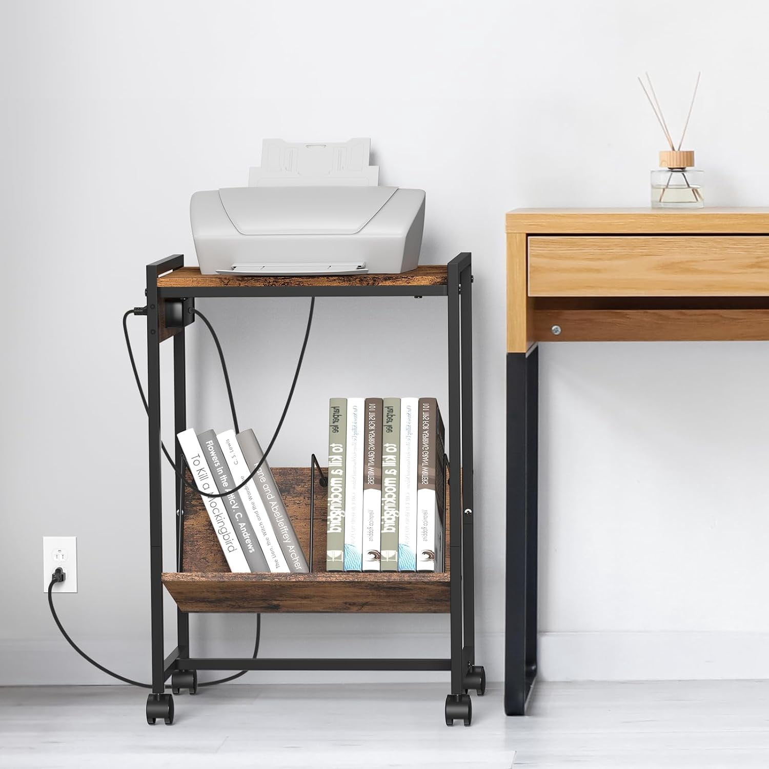 2-Tier End Table Record Player Stand with Charging Station and Vinyl Storage Shelf, Brown