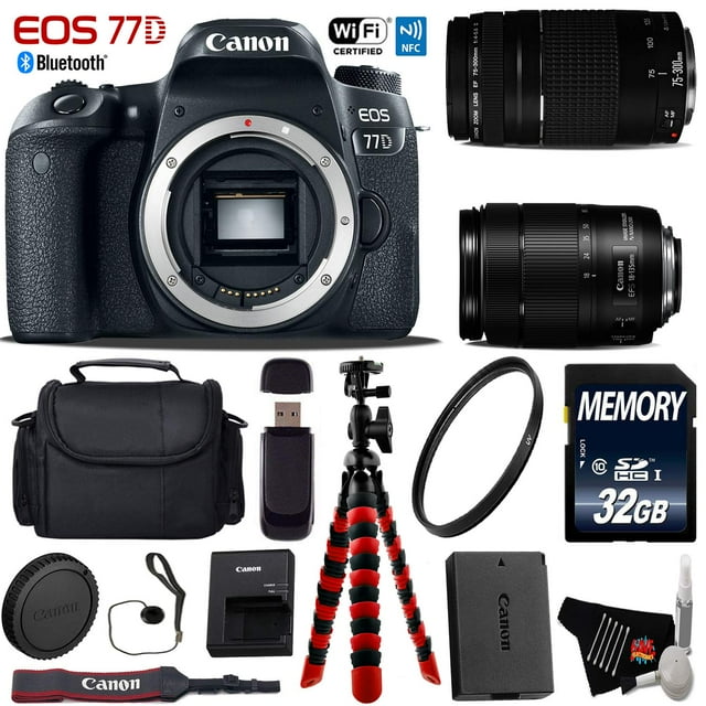 Canon EOS 77D DSLR Camera with 18-135mm is USM Lens & 75-300mm III Lens + Flexible Tripod + UV Protection Filter + Professional Case + Card Reader - Intl Model