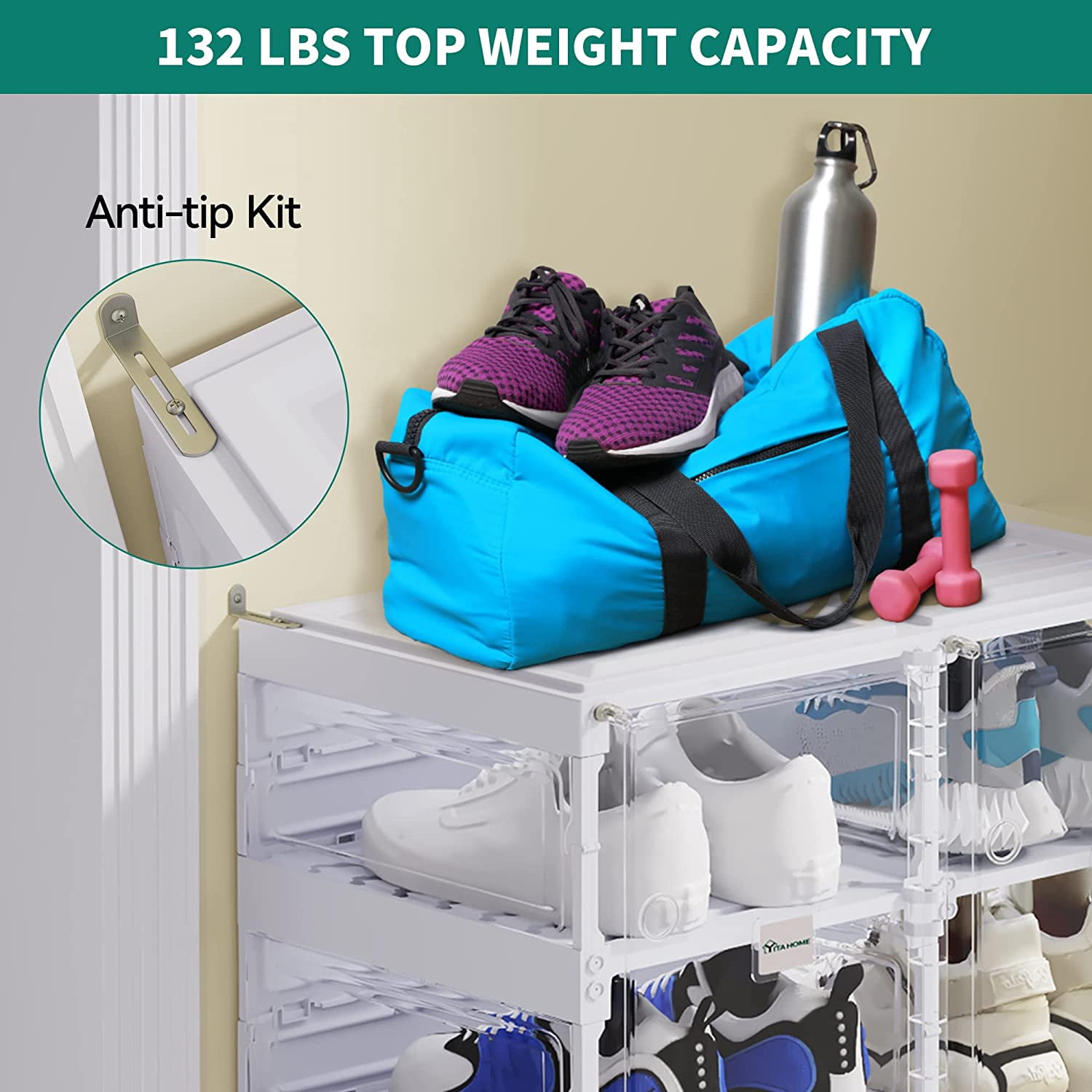 YITAHOME Shoe Storage Organizer, Installation-Free Shoe Box with Doors, 2-16 Grid Stackable Transparent Folding Shoe Cabinet for Hallway, Living Room, Closet (White)