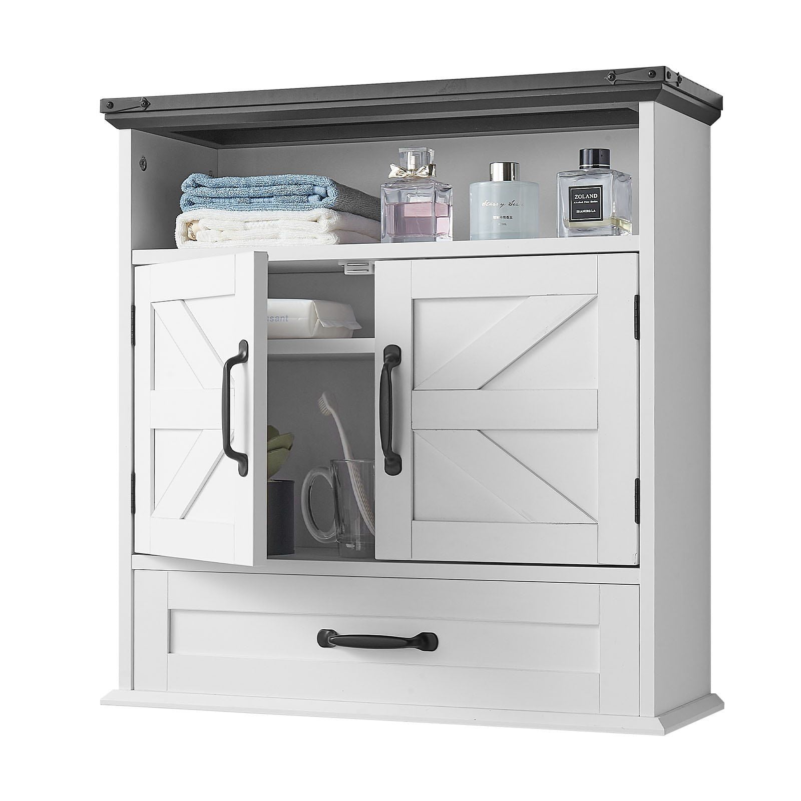 White Over-The-Toilet Bathroom Storage Cabinet with 2 Doors, Adjustable Shelf, Drawer & Open Compartment - Wall-Mounted Medicine & Organizer Cabinet for Laundry Room, Kitchen, Restroom