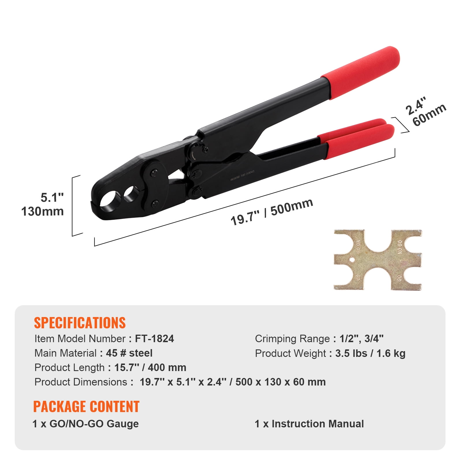 SKYSHALO PEX Crimping Tool, Dual Head Combo PEX Crimper Tool for 1/2" and 3/4" PEX Copper Crimp Rings, Compact Plumbing Crimp Tool with Go/No-Go Gauge, Well-Polished Jaw