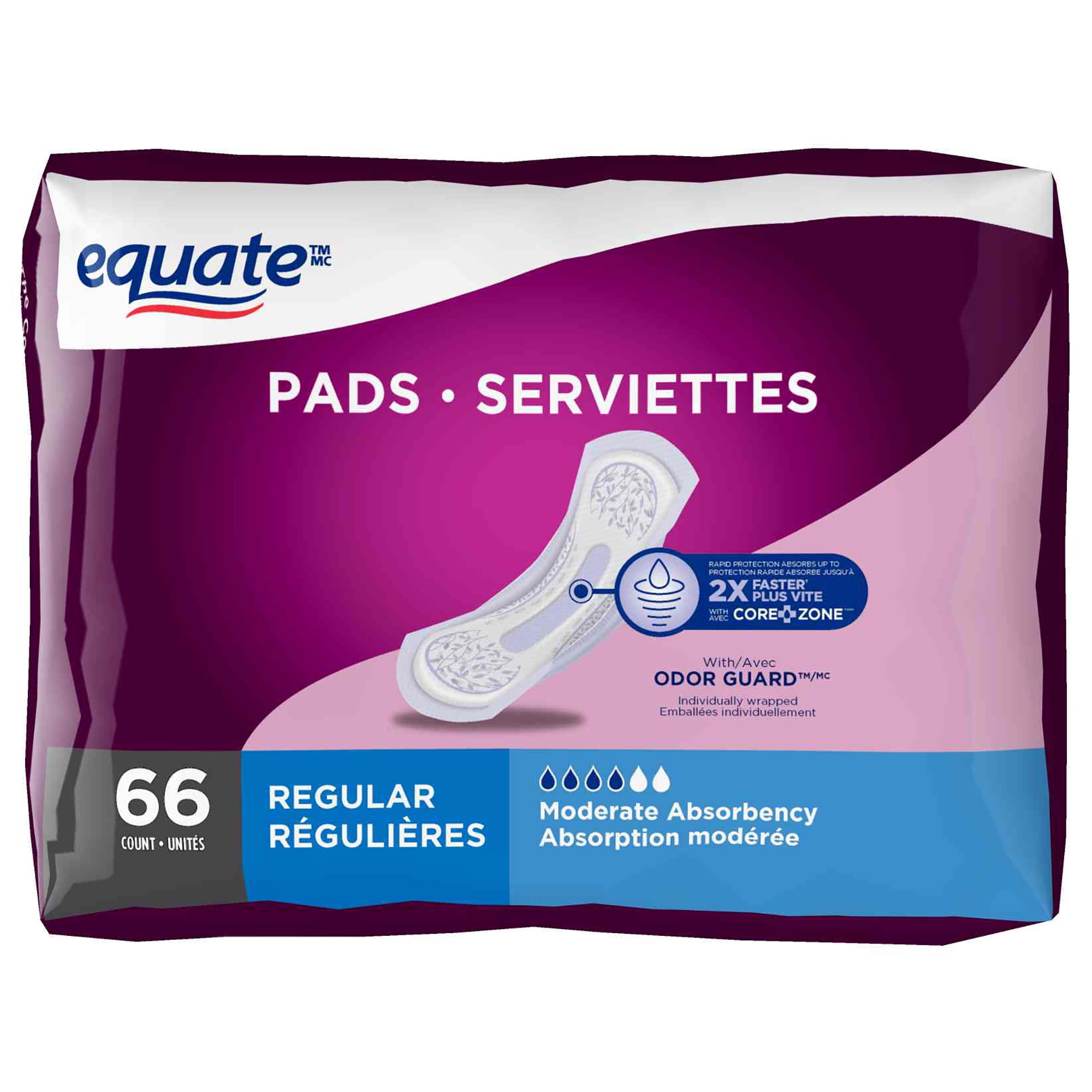 Serviettes à contrôle de la vessie absorption modérée d'Equate 66 serviettes, longueur ordinaire