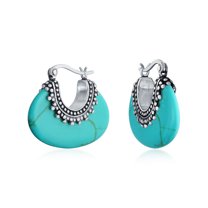 Bling Jewelry Womens Tribal Turquoise Oval Half Crescent Hoop Huggie Earrings