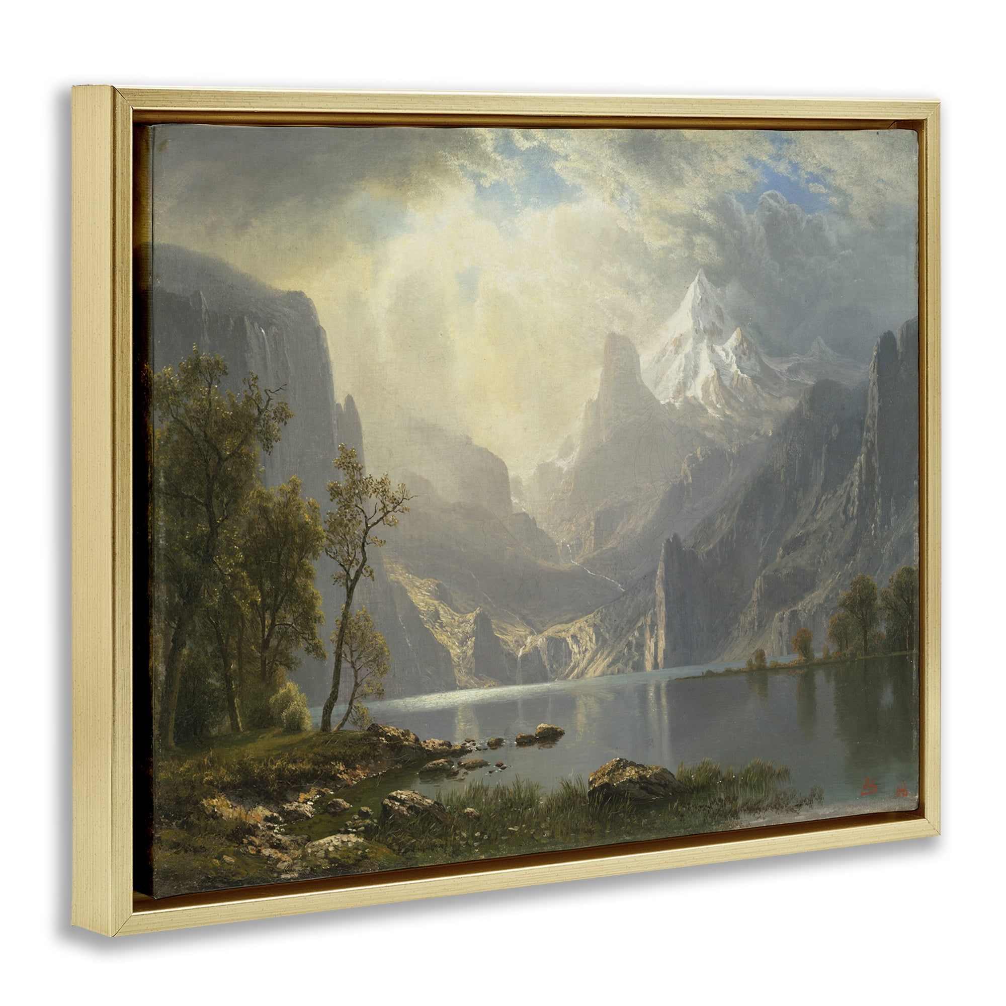 Stupell Industries Classic Bierstadt View on Mountain Landscape & Nature Painting Gold Floater Framed Canvas Art Print Wall Art, 21 x 17