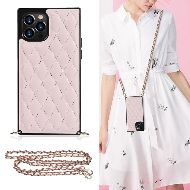 Funda compatible con Apple iPhone 12/12 Pro - Funda tipo cartera con cadena cruzada de TPU y correa de cadena de metal