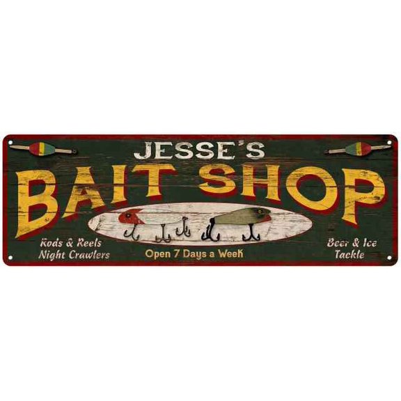 JESSE'S Bait Shop Sign Wood Look Man Cave Den Gift 6x18 Metal 206180024092