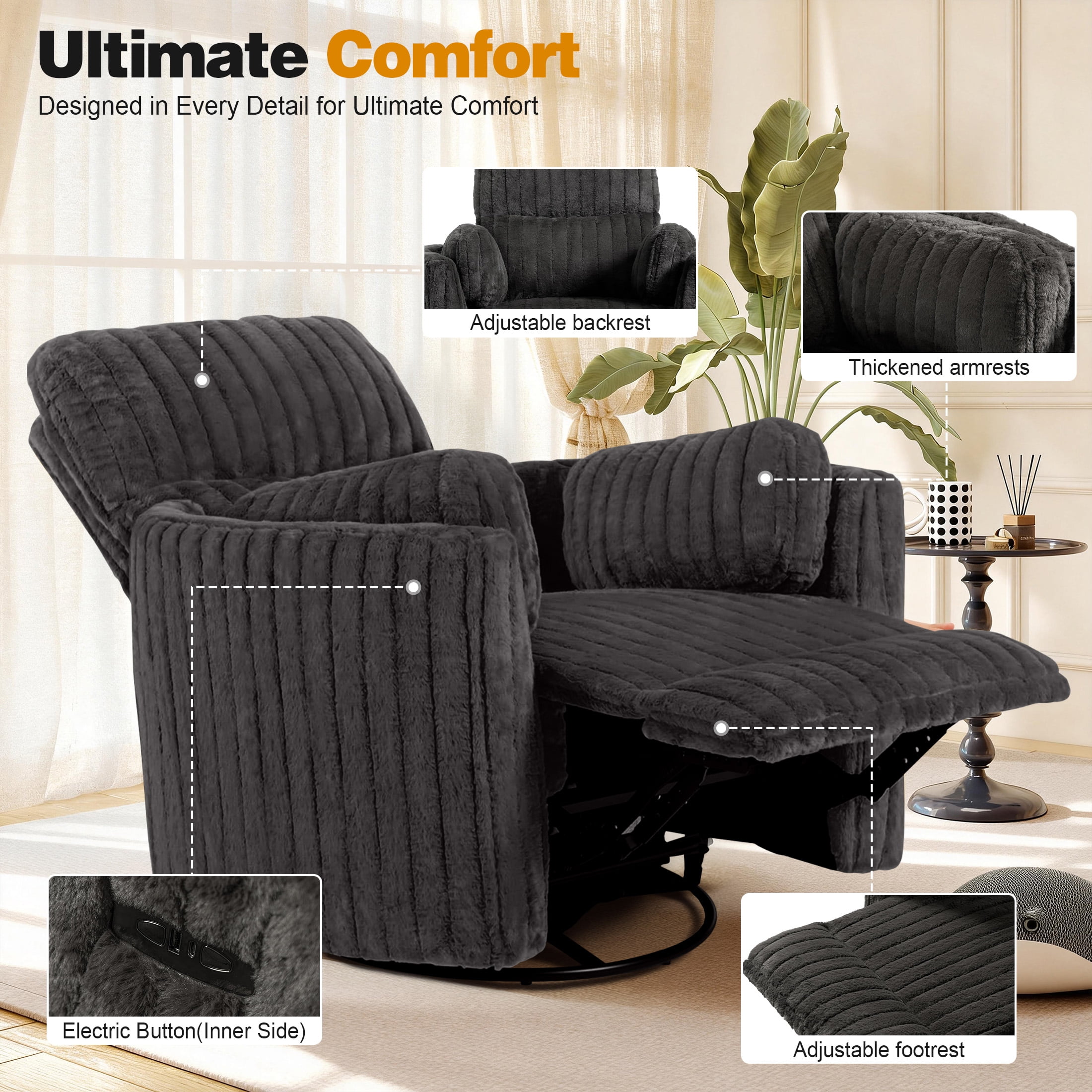 Aukfa Swivel Rocking Glider Power Recliner Chair with 24" Wide Seat & Type-C & USB Ports, Gray