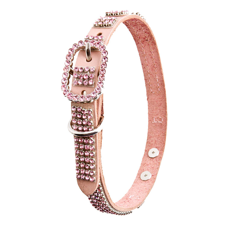 Pink Leather Dog Collar with 4 Rows of High Quality Pink Rhinestones