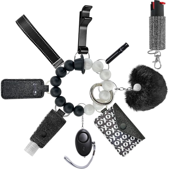Keychain Set for Women and Girls Includes Beaded Wristlet, Pom Pom, Credit Card Puller and Personal Alarm