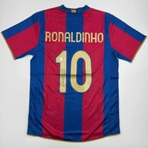 Autographed/Signed Ronaldinho Barcelona Blue/Red Soccer Jersey Beckett BAS COA
