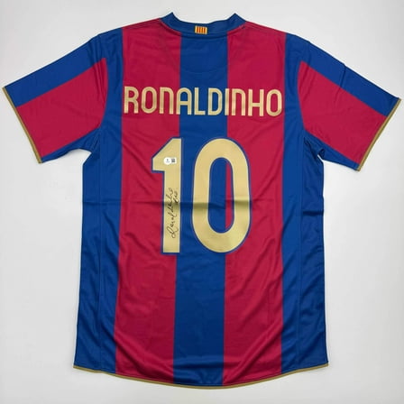 Autographed/Signed Ronaldinho Barcelona Blue/Red Soccer Jersey Beckett BAS COA