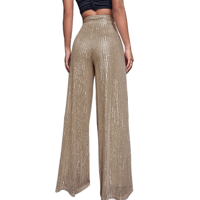 WILLBEST Pantalones Casuales de Lentejuelas de Moda para Mujer, Cintura Alta, Pierna Ancha, Acampanados, Ropa de Discoteca para Mujer, Estilo Brillante, Ajuste Cómodo Chica