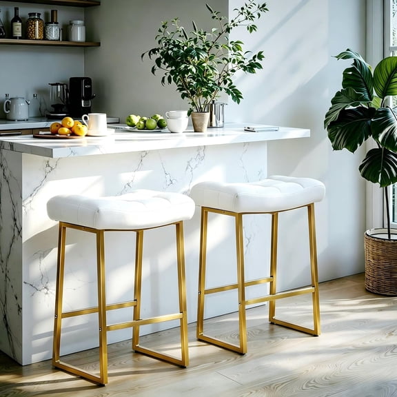 White & Gold Counter Height Bar Stools Set of 2 for Kitchen Counter Backless Kitchen Island Barstools with Upholstered Faux Leather Seat and Gold Base Modern 24 inch Bar Chairs No Back