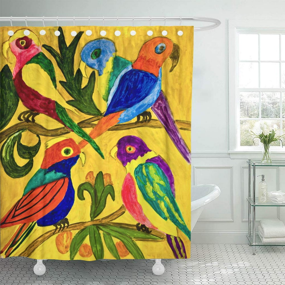 KSADK Artistic Hand Multicoloured Tropical Parrots on Yellow Bird