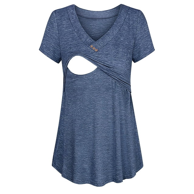 Économies à Durée Limitée, Haut de Maternité Uni à Manches Courtes pour Femmes, Tenue Décontractée d'Allaitement pour Femmes Enceintes Élégance Simple/60 % Polyester, 5 % Élasthanne, 35 % Coton, Bleu, Sopatenor