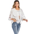 thumbnail image 5 of LELINTA Womens V Neck Mesh Panel Sheer Chiffon Cardigan Loose Summer Cover up Kimono Boho Half Sleeves, White/ Black,S-XL, 5 of 7