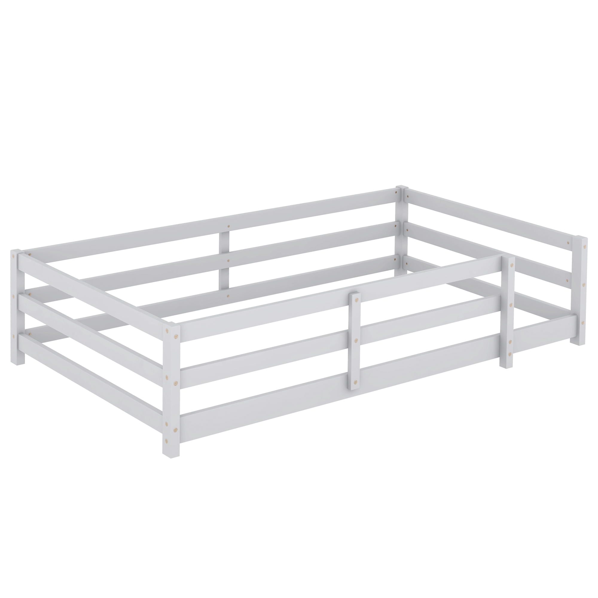 Floor Bed, Twin Size Montessori Bed Frame, Wood Floor Bed with Fence and Guardrails, No Box Spring Needed, Grey Wood Finish