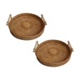 thumbnail image 1 of Oleegame 2PC Produce Storage Round Serving Tray Hand Woven Rattan Tray Serving Tray With Handles Wicker Tray Basket Tray For Bread Fruit Food Coffee Breakfast Display Yellow, 1 of 5