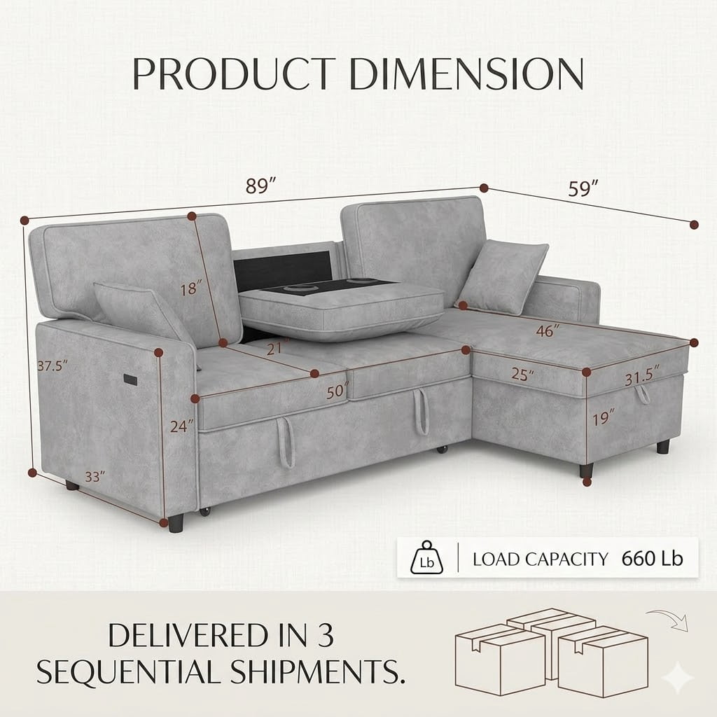 Howcool Sectional Sleeper Sofa,L Shaped Chenille Convertible Sofa Bed 89" 3 Seater with Flip-Down Center Console & USB Charging Ports,Pull Out Couch for Living Room Apartment Office,Light Grey