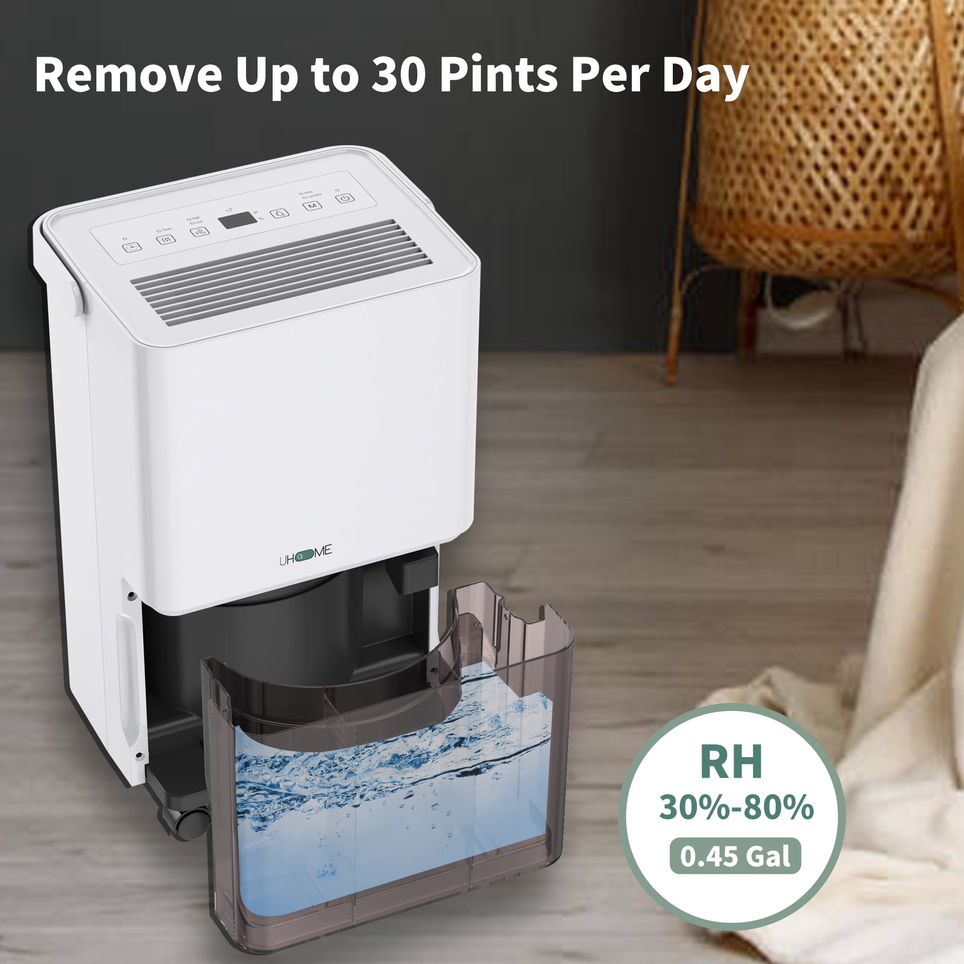 Uhome 30 Pint Dehumidifier - for Basement with Activated Carbon Filter, Humidity Sensor, Auto Shut Off, Continuous Drainage Hose