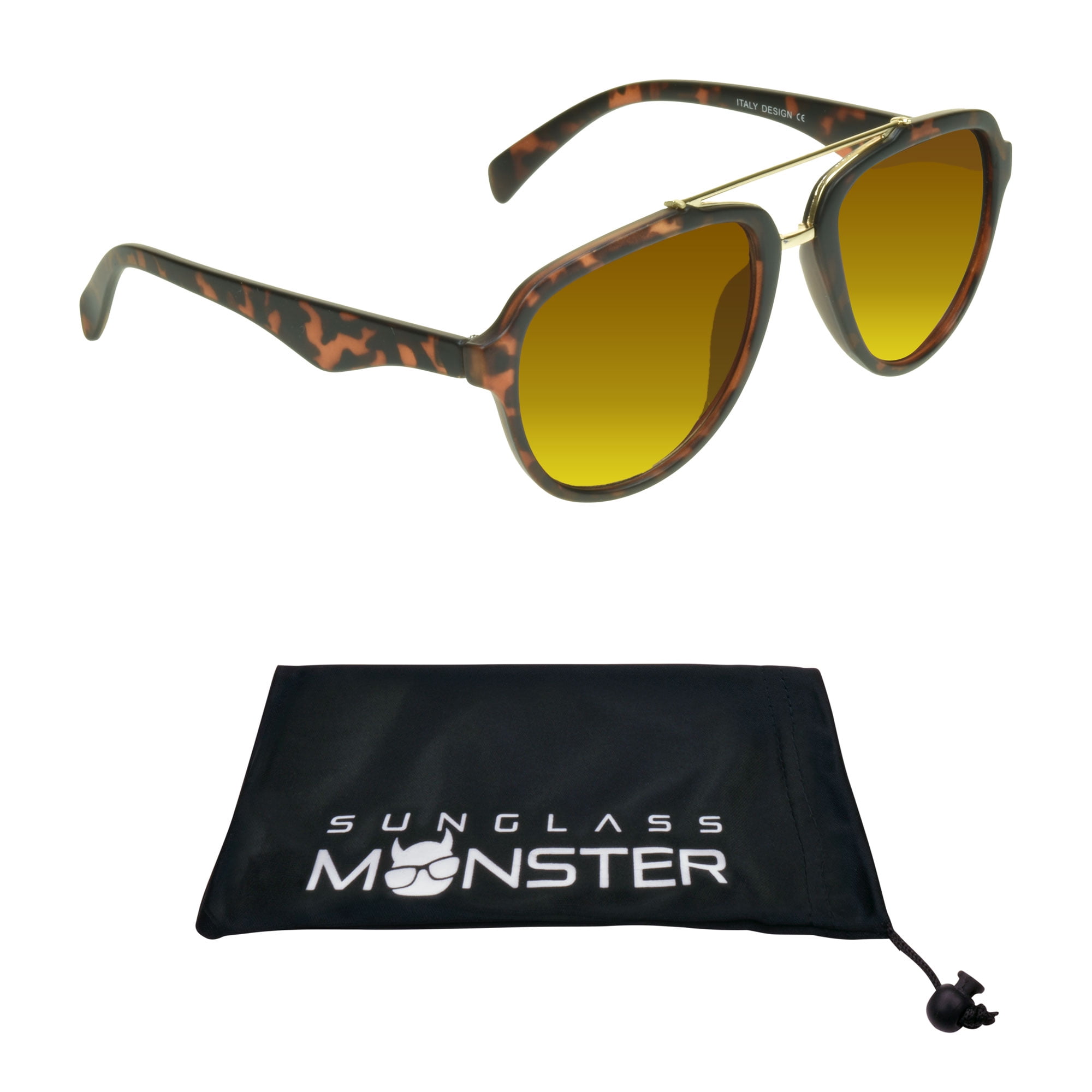 Plastic Aviator Sunglasses. Matte Tortoise Shell Brown frame with Gold brow.