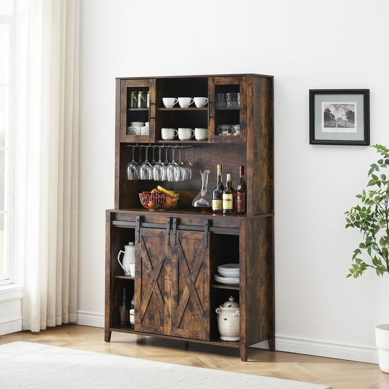 Ataucjin Farmhouse Bar Cabinet with Sliding Barn Door 69 Rustic Liquor Cabinet with Wine and Glasses Rack Wine Cabinet with Storage Hutch Cabinet Sideboard Cupboard for Kitchen Fire Color Walmart