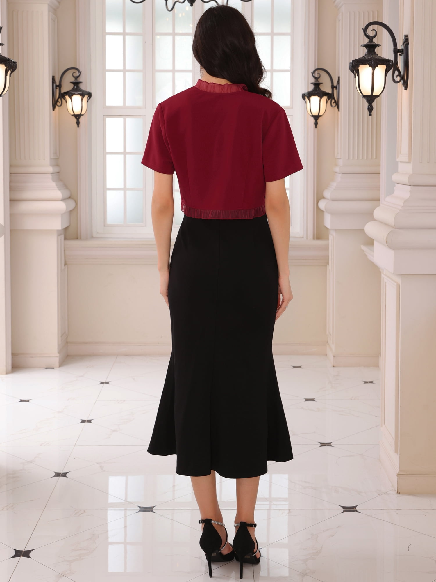 DARING DIVA Open Front Shrug Crop Ruffle Trim Short Sleeve Cocktail Bolero XL Dark Red
