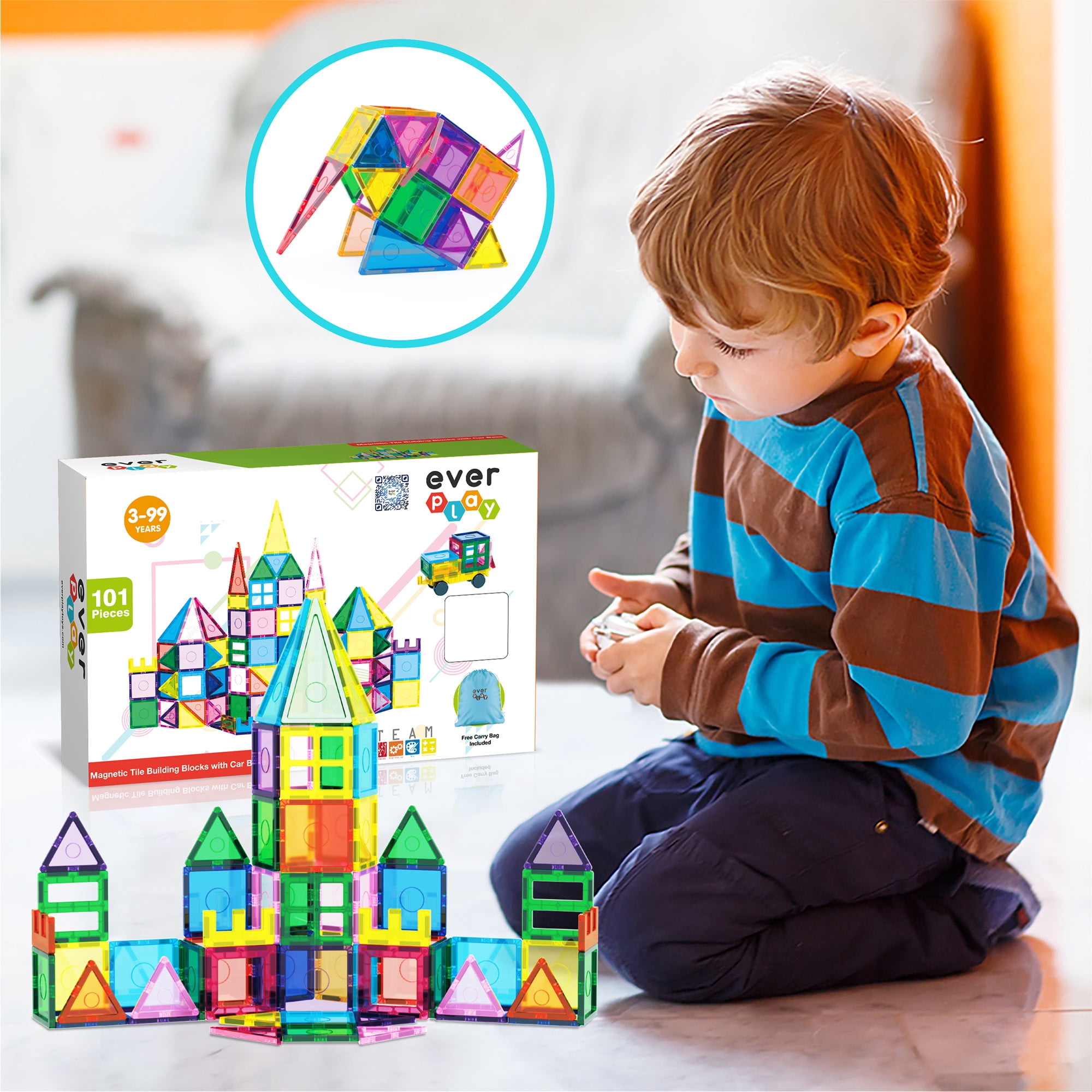 EverPlay Magnetic Tiles for Kids - STEM 101PCS Construction Building Blocks Educational Toy