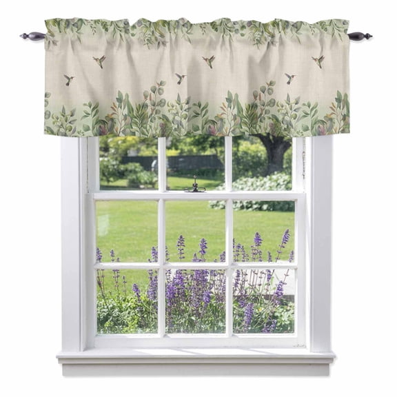 Hummingbird Kitchen Curtain Valances for Windows Farmhouse Short Curtains, Sage Green Botanical Leaf Vintage Botanical Rod Pocket Valance Curtain for Bedroom Cafe Living Room 42"x18"